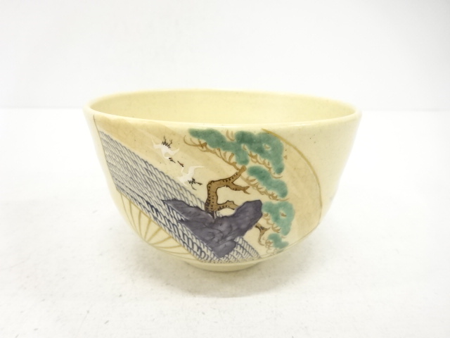 清水六兵衛造　金彩色絵　扇　茶碗（保護箱付）